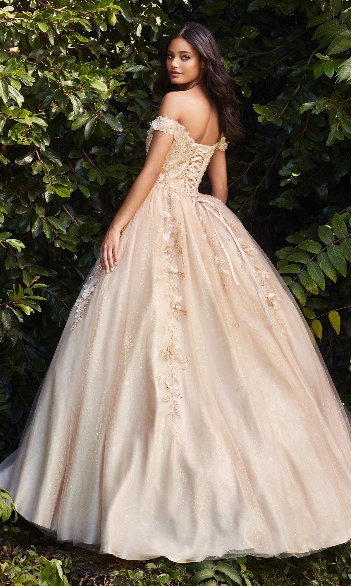 A woman stands outdoors before greenery, wearing the Off-Shoulder Long Sweetheart Prom Ball Gown CD0185 in light peach with floral-lace appliques and a lace-up back, looking over her shoulder.